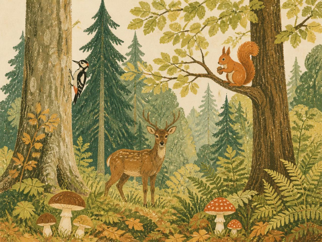 Ilustracija slovenskega gozda s srno, veverico, detlom in gobami