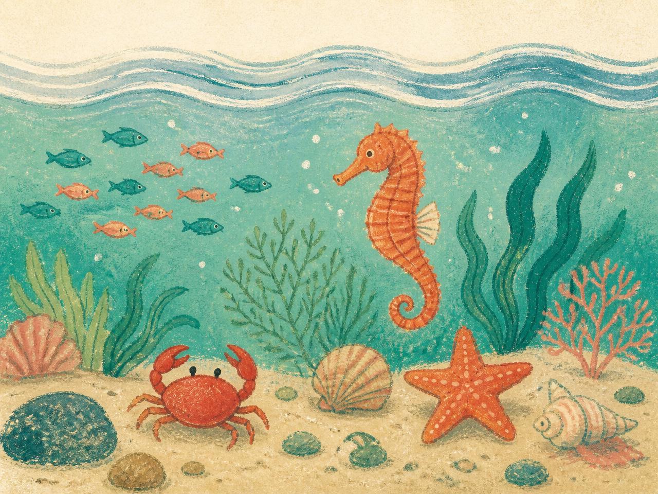 Ilustracija podmorskega sveta z morskim konjičkom, rakom, zvezdačo in ribami