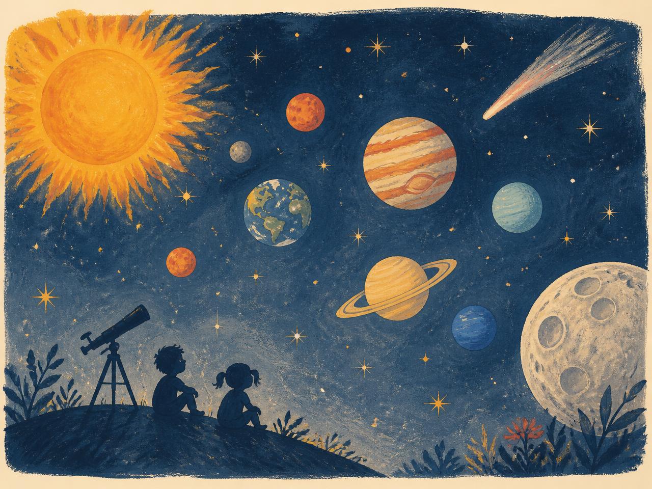 Ilustracija vesolja s soncem, planeti, luno, kometom in otrokoma pri teleskopu