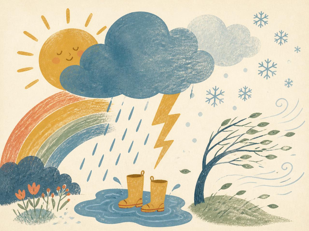 Ilustracija vremena s soncem, dežnim oblakom, mavrico, snežinkami in vetrom