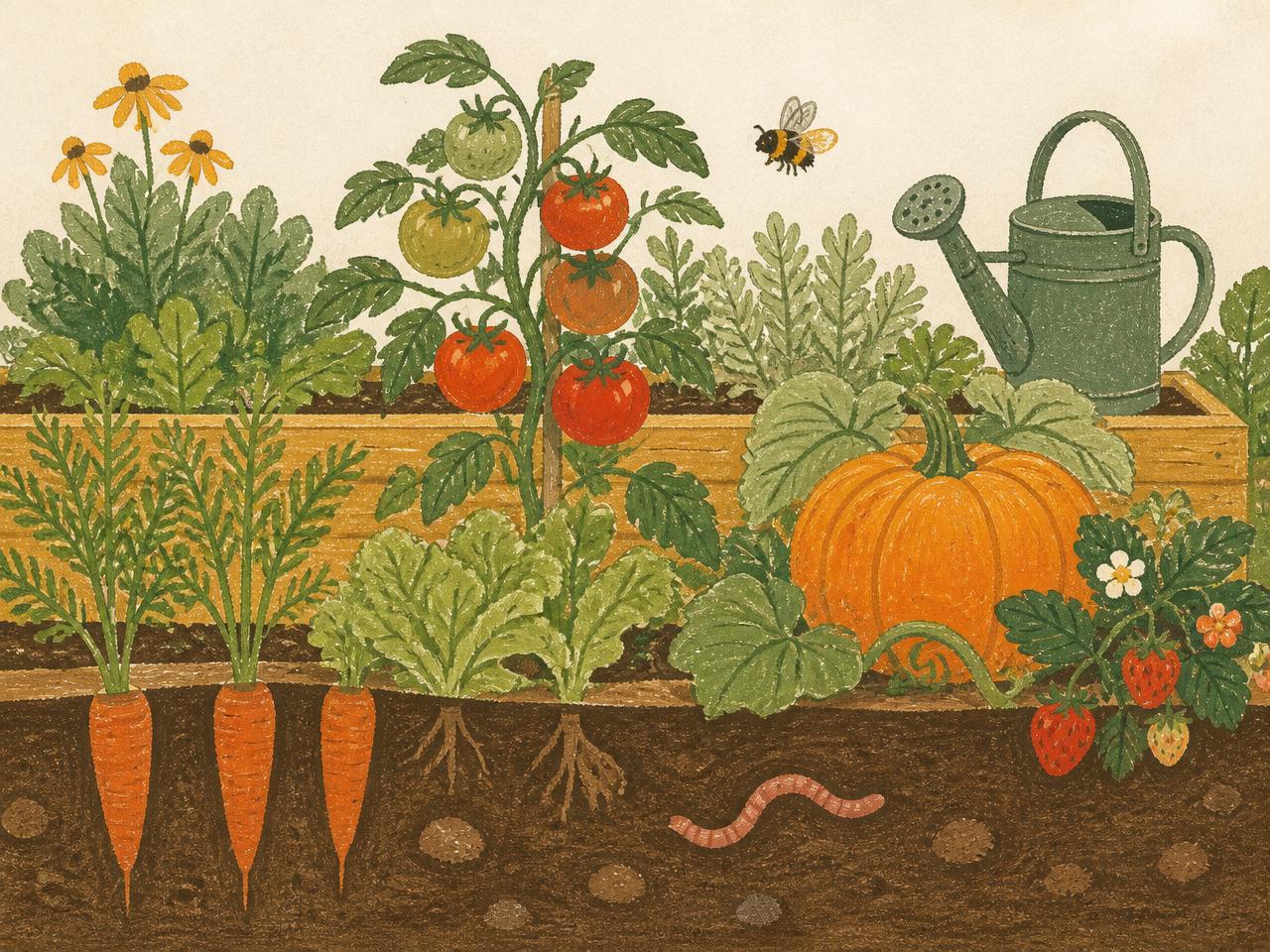 Ilustracija vrta s korenjem, paradižnikom, solato, bučo, jagodami, čebelo in deževnikom